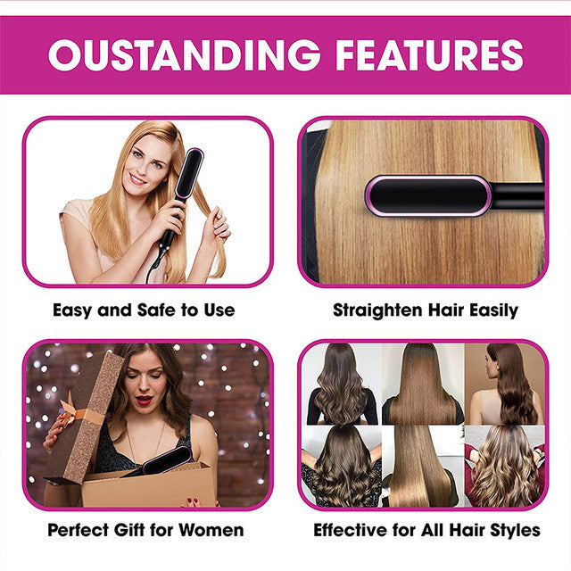 Hair Straightening Brush for Women - Electric Ceramic Comb with LCD Screen & Temperature Control