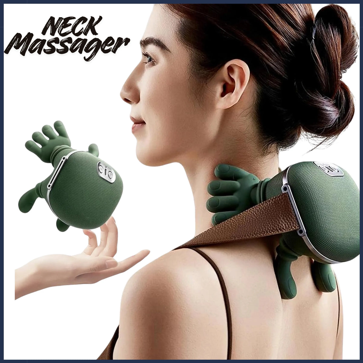 Rechargeable Electric Neck & Shoulder Massager with Heat, featuring a unique human hand grip design for comfort.